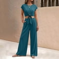 thumbnail image 3 of Women's Summer 2 Piece Outfits 2026 Cap Sleeve V Neck Belted Crop Tops Wide Leg Pant Sets Casual Tracksuit, 3 of 6