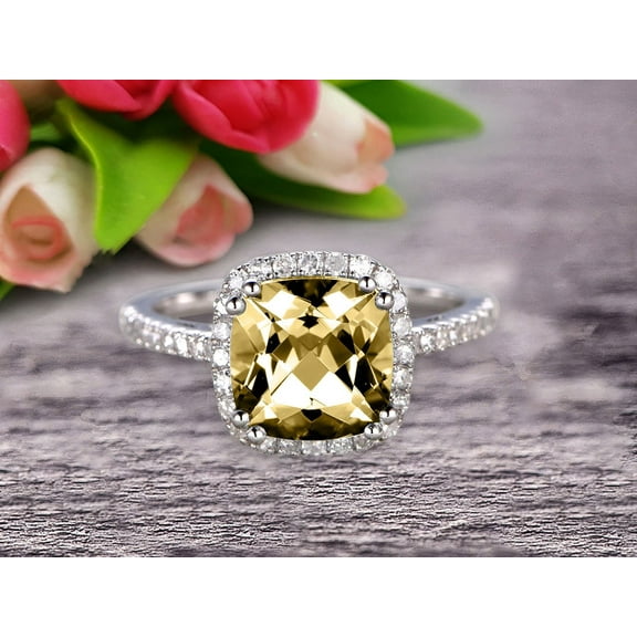 7mm Cushion Cut 2.05 Carat Champagne Diamond Moissanite Engagement Ring Anniversary Gift 10k White Gold Halo Design