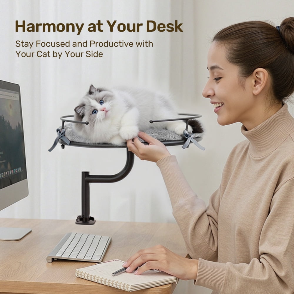 DOMIPET Cat Desk Bed with 360° Rotation & Height Adjustment, Desk Mounted Perch Attachment, Elevated Nest Cat Bed for Table Desktop, Cat Hammock with Washable Cushions, 40LB Capacity
