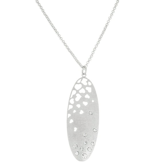 X & O Silver Plated Scratched 15mm x 45mm Oval Shape with Crystal and Stamped Heart Pattern Pendant Necklace
