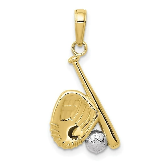 Auriga Fine Jewelry 10K Yellow Gold Rhodium Baseball, Bat, Glove Pendant for Women (L- 25 mm, W- 12.5 mm)