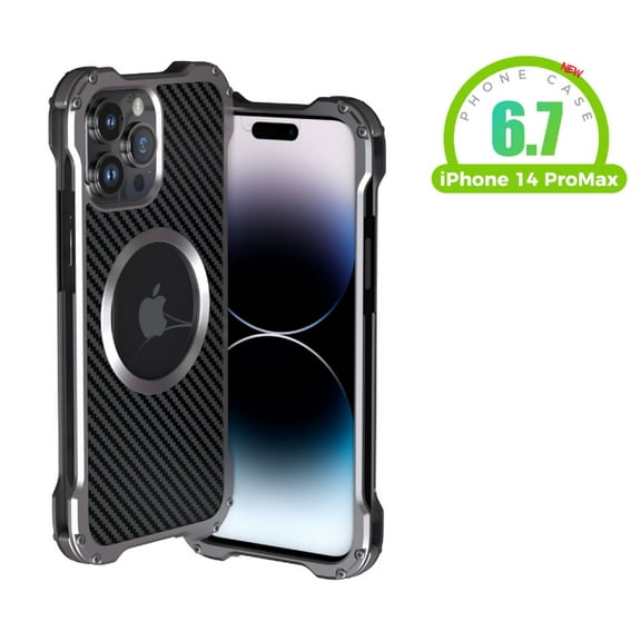 Rugged Metal Frame Case for iPhone 14 Pro Max, Aluminum Alloy Bumper Carbon Fiber Back Logo Hollow Shockproof Anti-Drop Lens Protection Cover Compatible with Magsafe Wireless Charger Phone Case