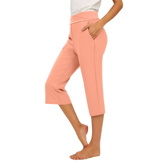 JIAYUE Women Capri Pants Solid Color High Waist Design Side Pockets Straight Fit Trousers for Outdoor Walking Sport Wear