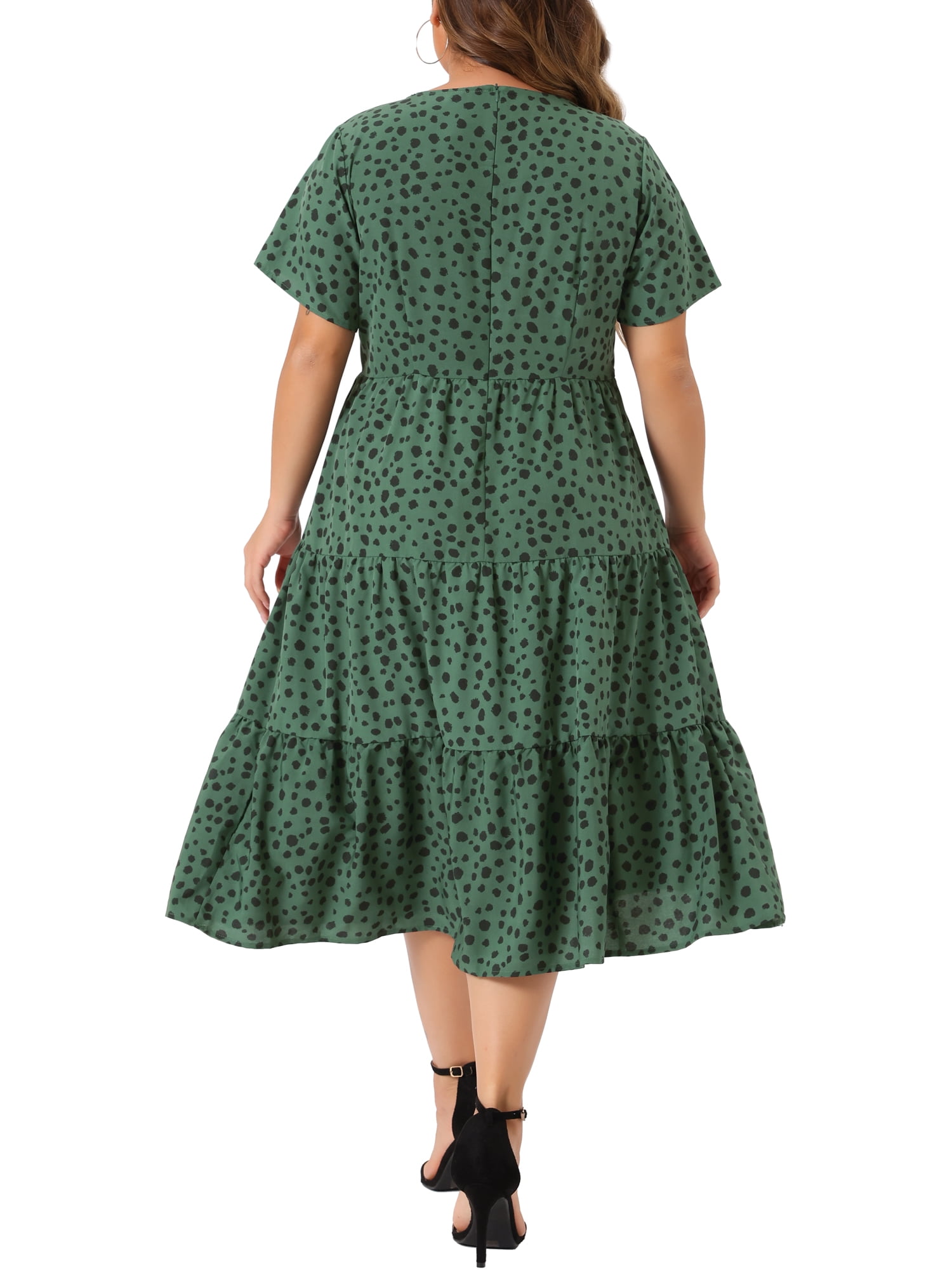 DARING DIVA Plus Size Tiered Polka Dots Midi Short Sleeve Babydoll Dress 1X Dark Green