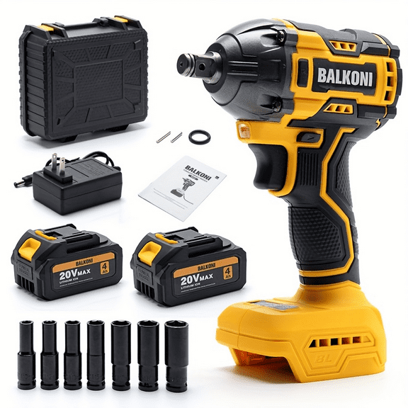 Cordless 1/2 Inch Brushless Impact Wrench,400 N.m,4Ah Battery, Charger & 7 Sockets