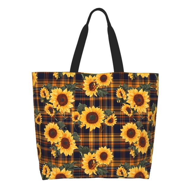 Fotbe Brown Blue Plaid Sunflower Bolsa Tote Estética de Lona con Estampado para Mujer - Bolsa Reutilizable de Hombro Casual para Vacaciones, Compras, Trabajo y Gimnasio