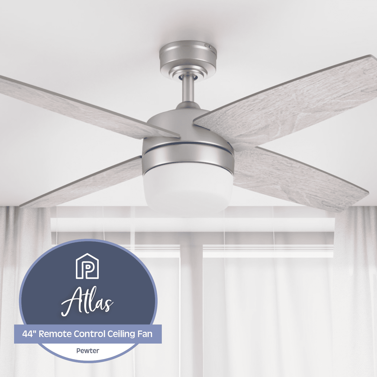 Prominence Home Atlas 44" Pewter Ceiling Fan with Light, Remote Control, 4 Blades & Reverse Airflow