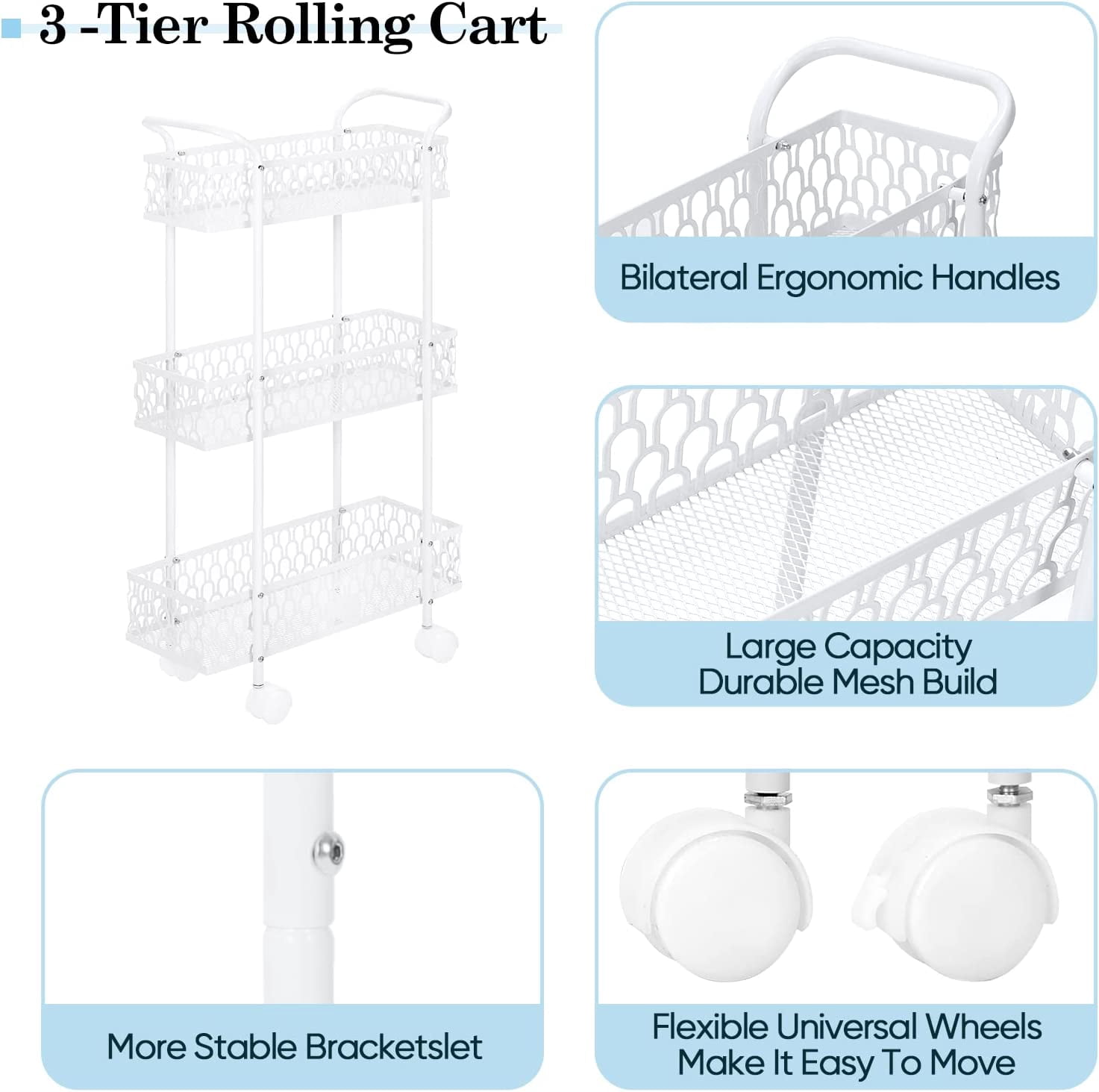 Oumilen Slim Rolling Storage Cart, 3 Tier Bathroom Organizer, Shelving Utility Cart, White