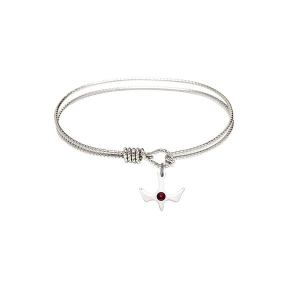 6 1/4 inch Oval Eye Hook Bangle Bracelet w/ Holy Spirit medal charm w/ January Red Swarovski Crystal