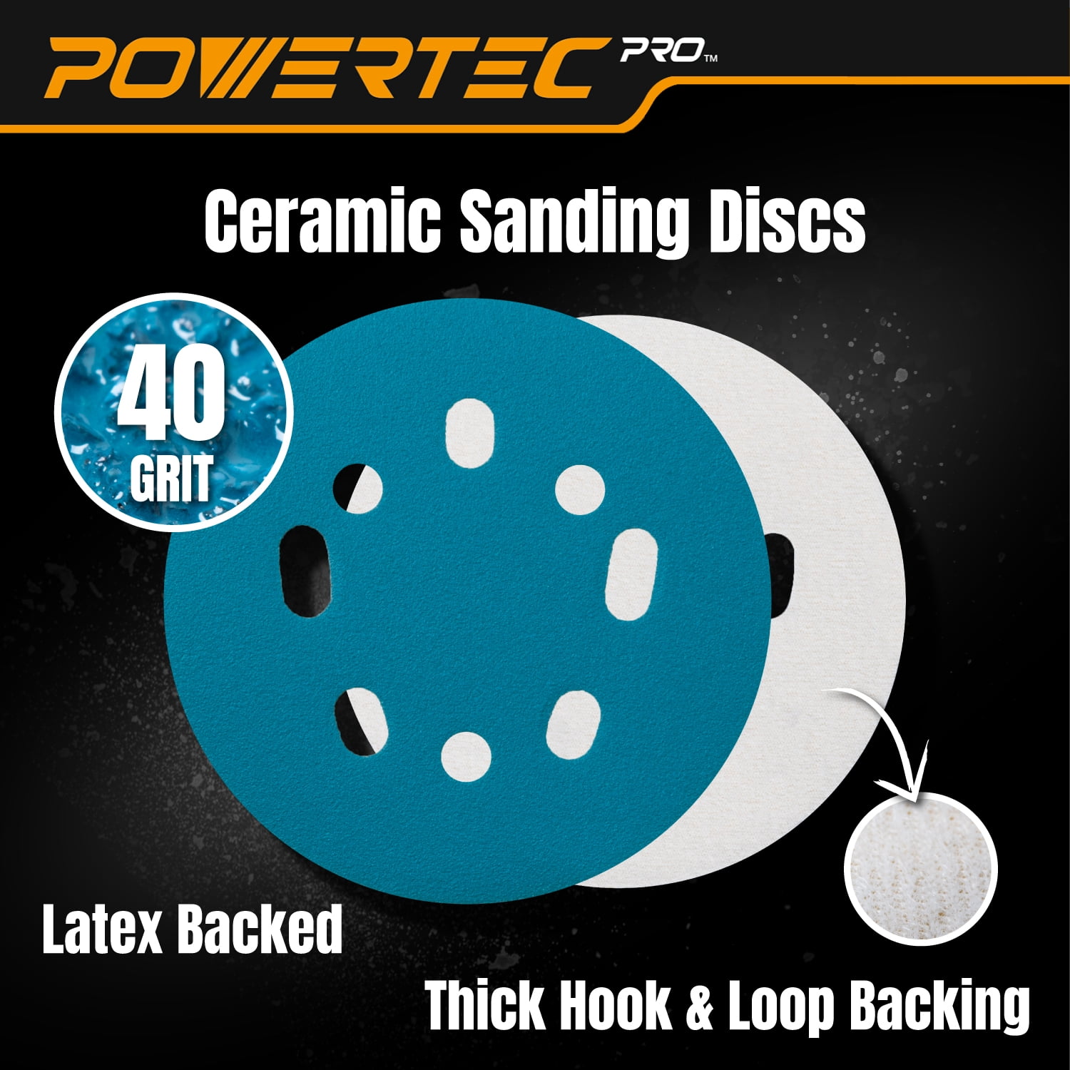 POWERTEC PRO 50PK, 5 Inch Sanding Discs Hook and Loop, 40 Grit, Ceramic Orbital Sander Sandpaper for 5 & 8 Hole Random Orbital Sanders - Automotive, Paint, Metal, Woodworking, 45304C-50