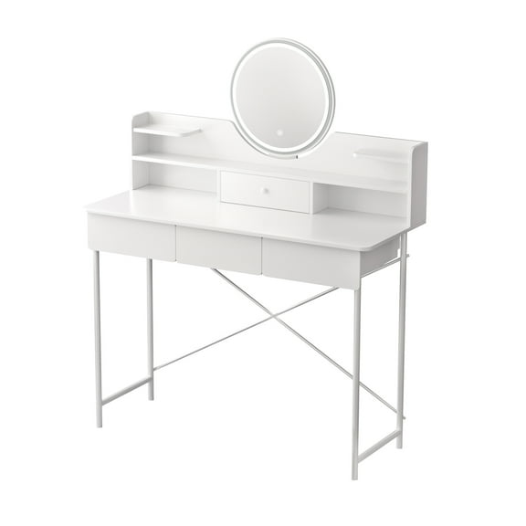 Women Dresser, Happydeer Vanity Table with LED Lighted Mirror, 4 Drawers and Opening Shelves Dressers, Dressing Table for Bedroom, 3 Modes Brightness Adjustable Makeup Desk