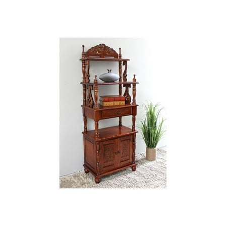Carved Wood Bookshelf, 1 Drawer, 2 Doors, Mahogany Finish, Elegant Display Shelf, 24" L x 14" W x 63" H