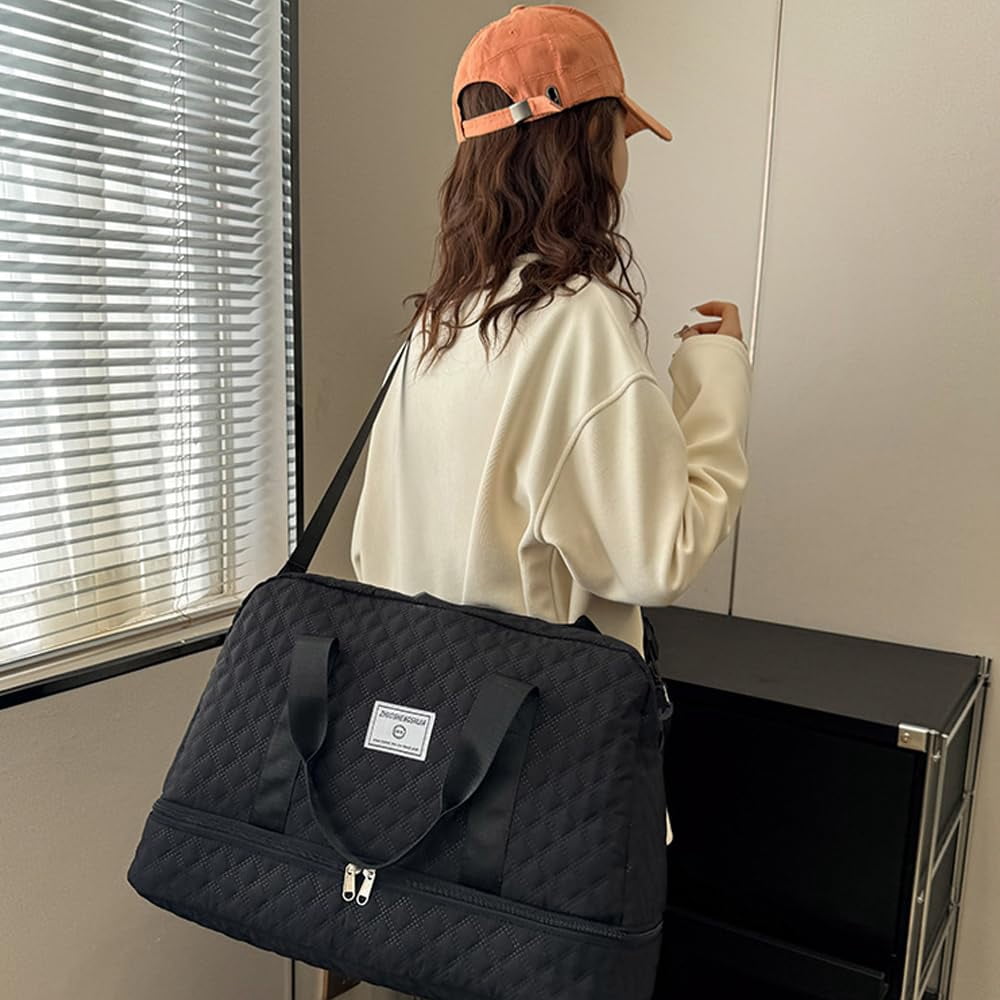 Travel Duffel Bag, Model for Women, with Wet Pocket, 1-Pack, Medium Size - Grid-black for Overnight, Gym, Hospital Use