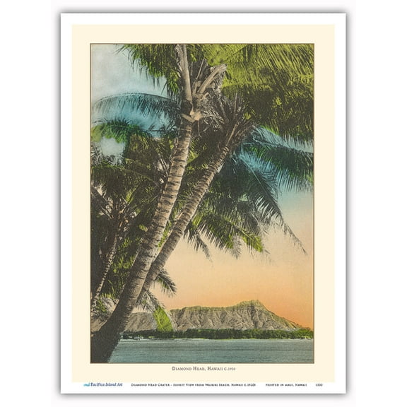 Diamond Head Crater - Sunset View from Waikiki Beach Hawaii - Vintage Hawaiian Color Postcard c.1920s - Master Art Print (Unframed) 9in x 12in