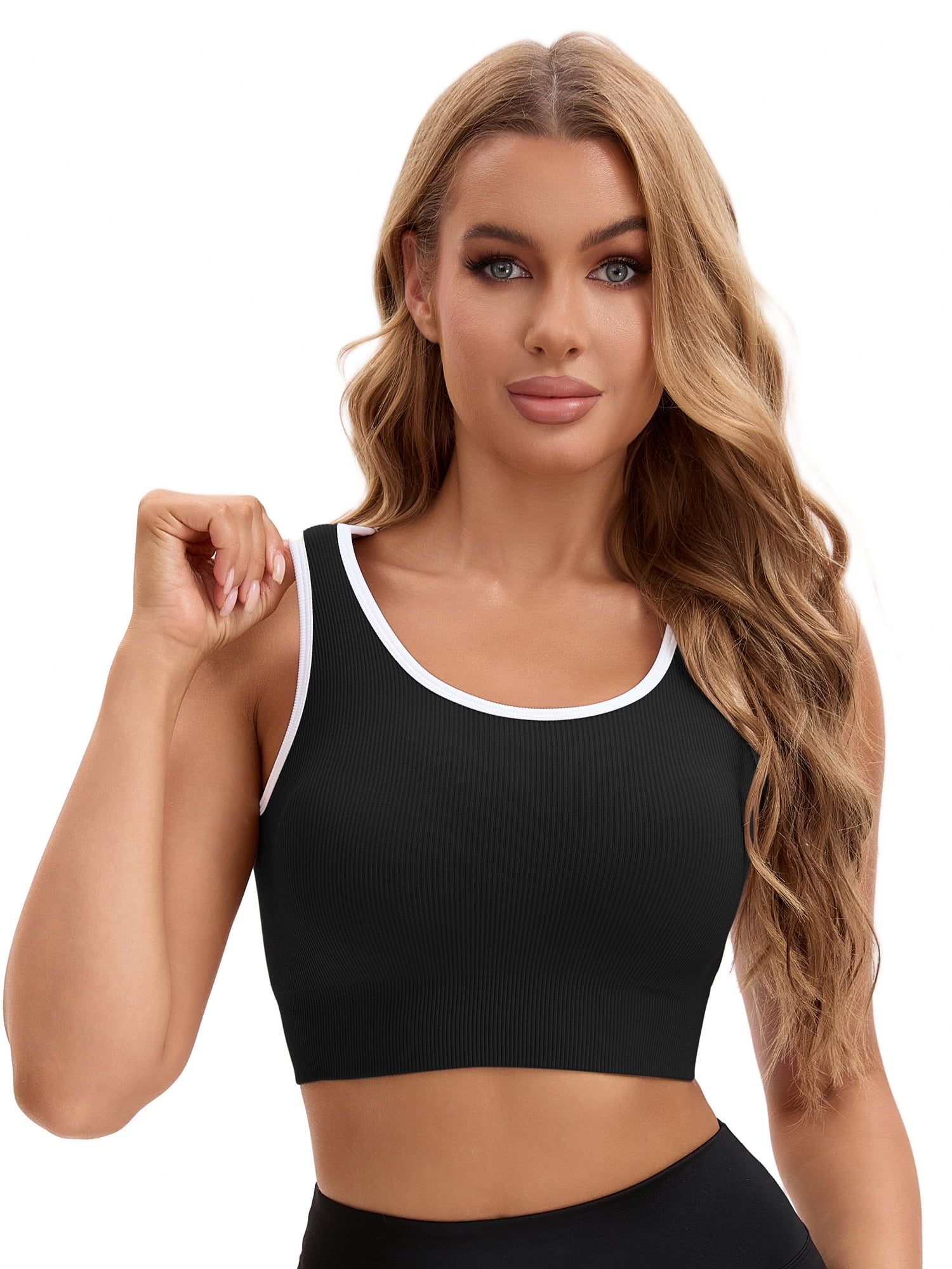 Unique Bargains Women's Contrast Color Open Back Workout Tank with Built-In Bras M Black