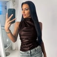 thumbnail image 4 of Women' Solid Mock Neck Sleeveless PU Leather Pleated Slim Fit Tank Top Brown XL, 4 of 8