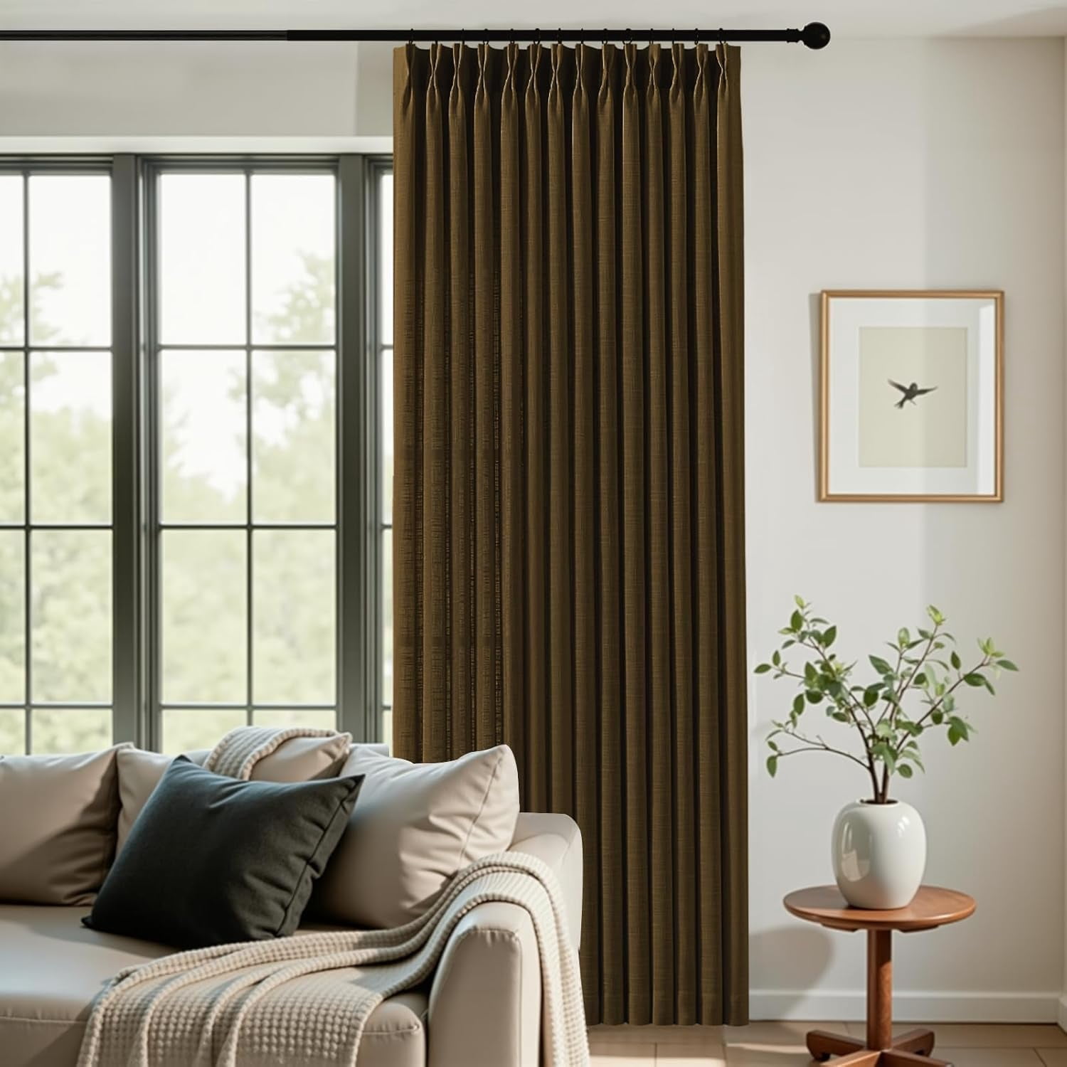 Nalqet Pinch Pleated Linen Curtains 84 inch Length 2 Panels Set, Light Filtering Linen Blend Sheer Drapes Memory Trained Pleated Curtain Back Tab with Hooks Rings for Living Room Bedroom, Chocolate