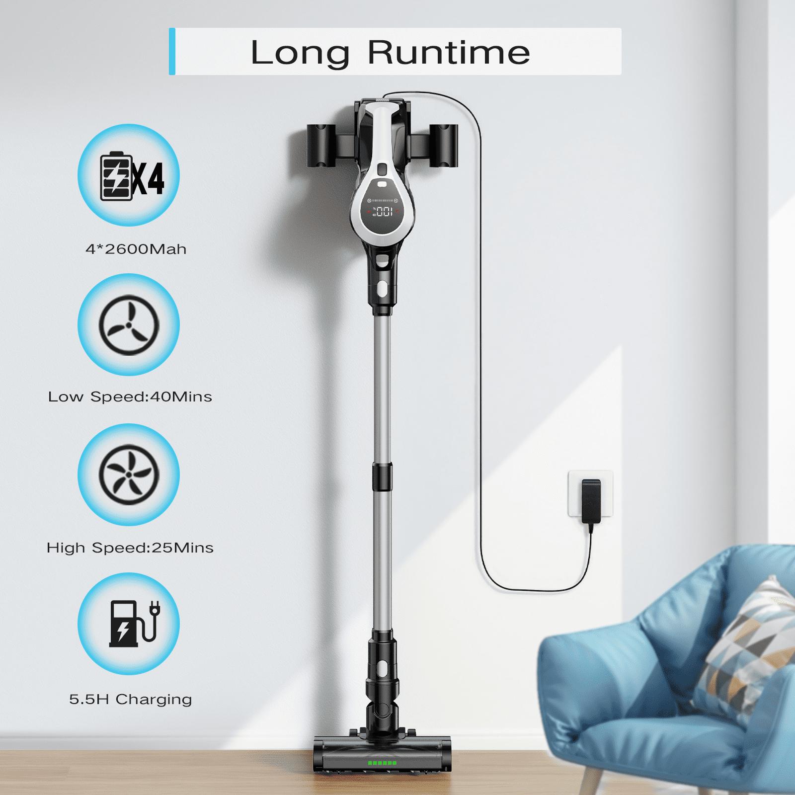 MOOSOO Cordless Vacuum, 40Mins Stick Vacuum with Anti-Tangle Brush, 28Kpa Vacuum Cleaners for Home, Lightweight Wireless Vacuum for Hard Floors Low-Pile Carpet Pet Hair, Blue