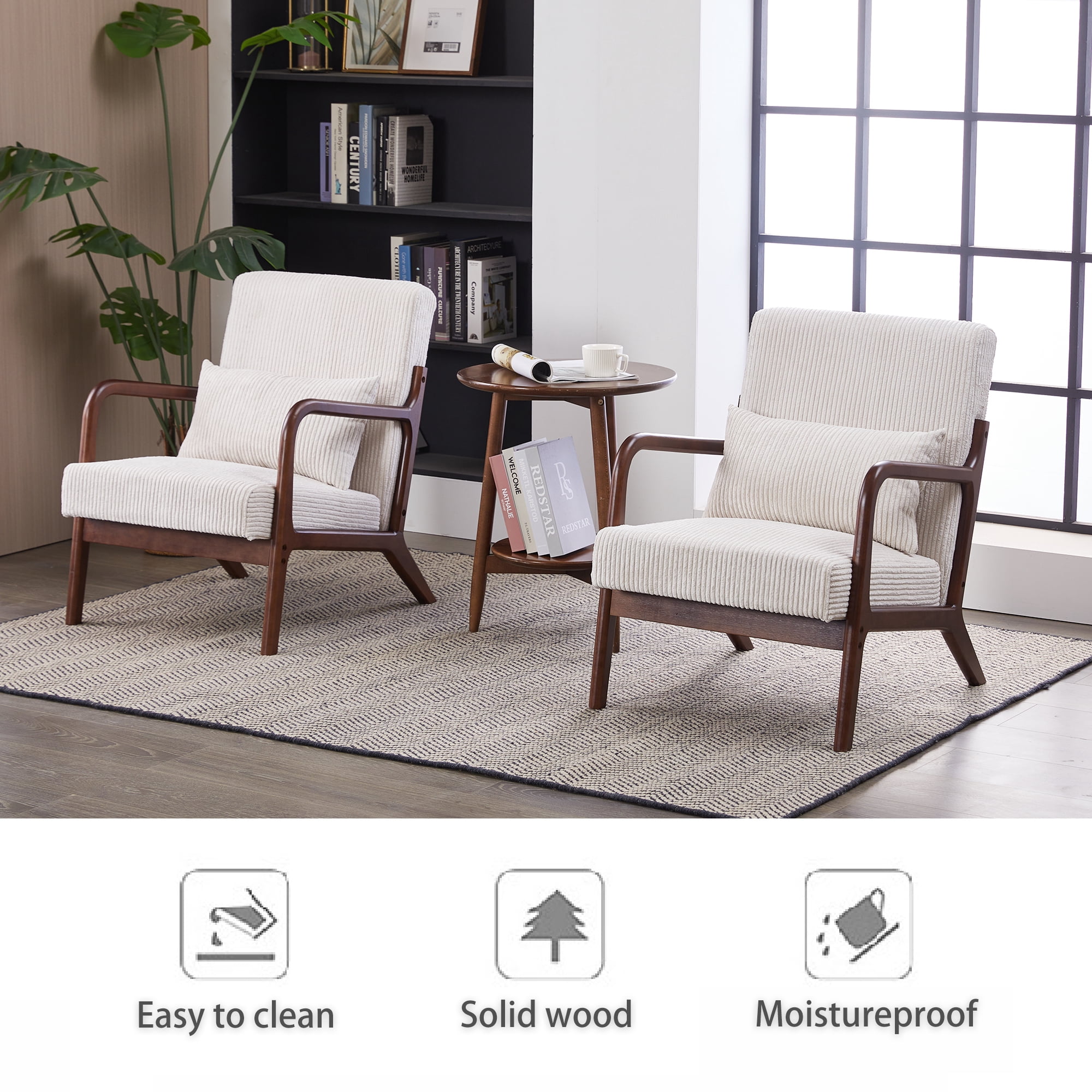 Leumius Modern Arm Chair Upholstered Reading Accent Chair with Pillow & Solid Wood Frame for Living Room Bedroom,Beige