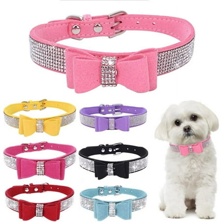 Petwishup Crystal Dog Collar with Bow Tie Rhinestone Puppy Collars Bling for Cat Dogs 20Size Available