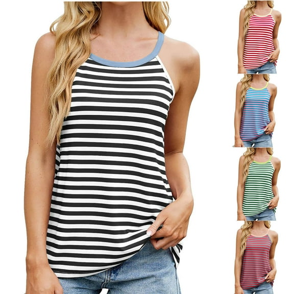 YUGYXL Teen Girl Summer Stripe Camisole Fashion Spaghetti Strap Tank Top Breathable Scoop Neck Pullover Undershirt Seamless Ribbed Sleeveless Yoga Athletic Clothes March Gift for Toddler Black,M