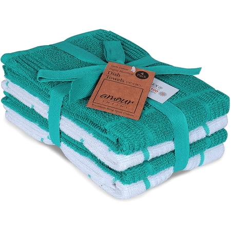 JJEAN-Kitchen Towels Pack of 4 Absorbent Quick Drying Premium Terry Cotton Dish Towel with Hanging Loop 16x28 Inch Hand & Tea Towels (Teal)