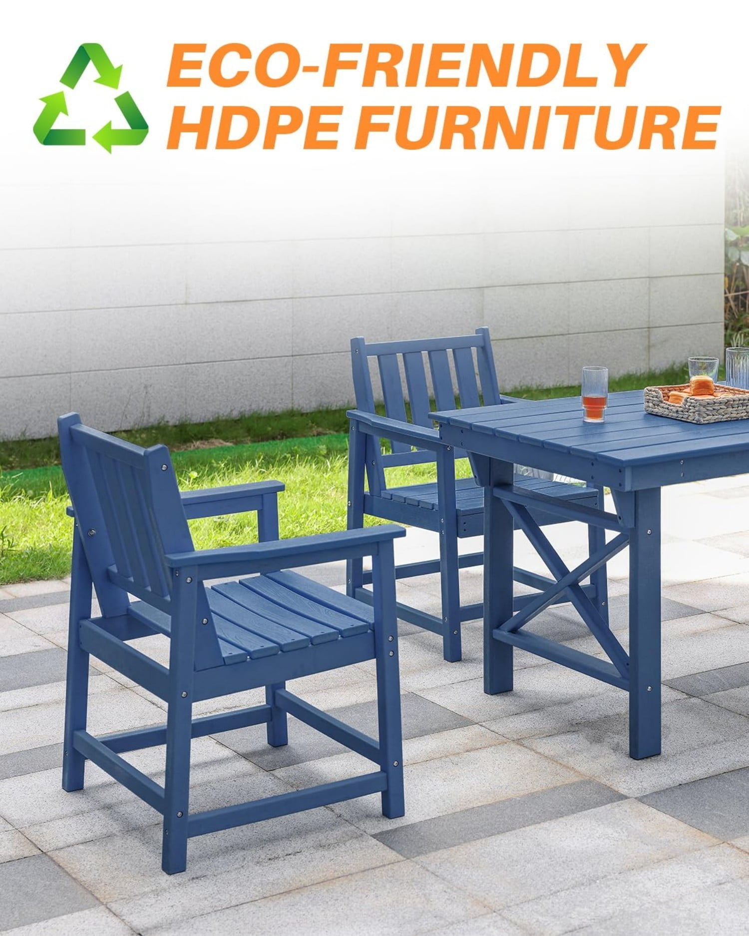 Patio Dining Chair Set of 2, HDPE Outdoor Dining Chairs with Ergonomic Backrest, All Weather Patio Chairs for Backyard, Deck, Garden, Poolside, Navy