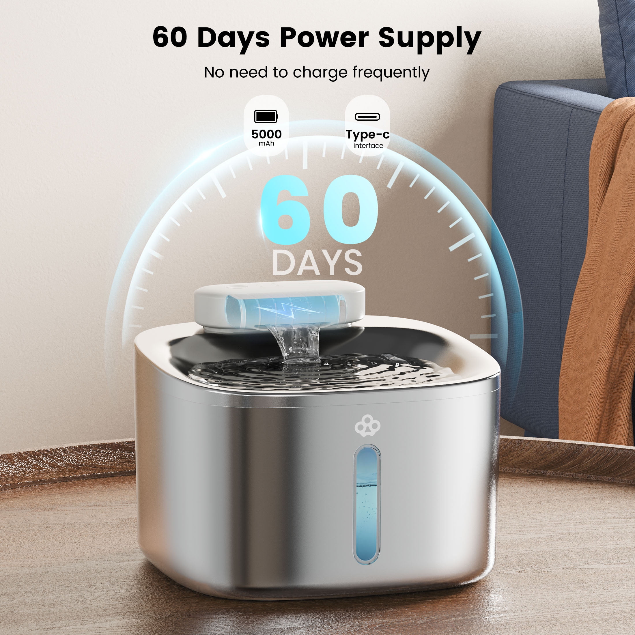 Oneisall CW-01 Wireless Cat Water Fountain 304 Stainless Steel, 3.5L/118oz Cordless Water Fountains for Cats Indoor, Silver
