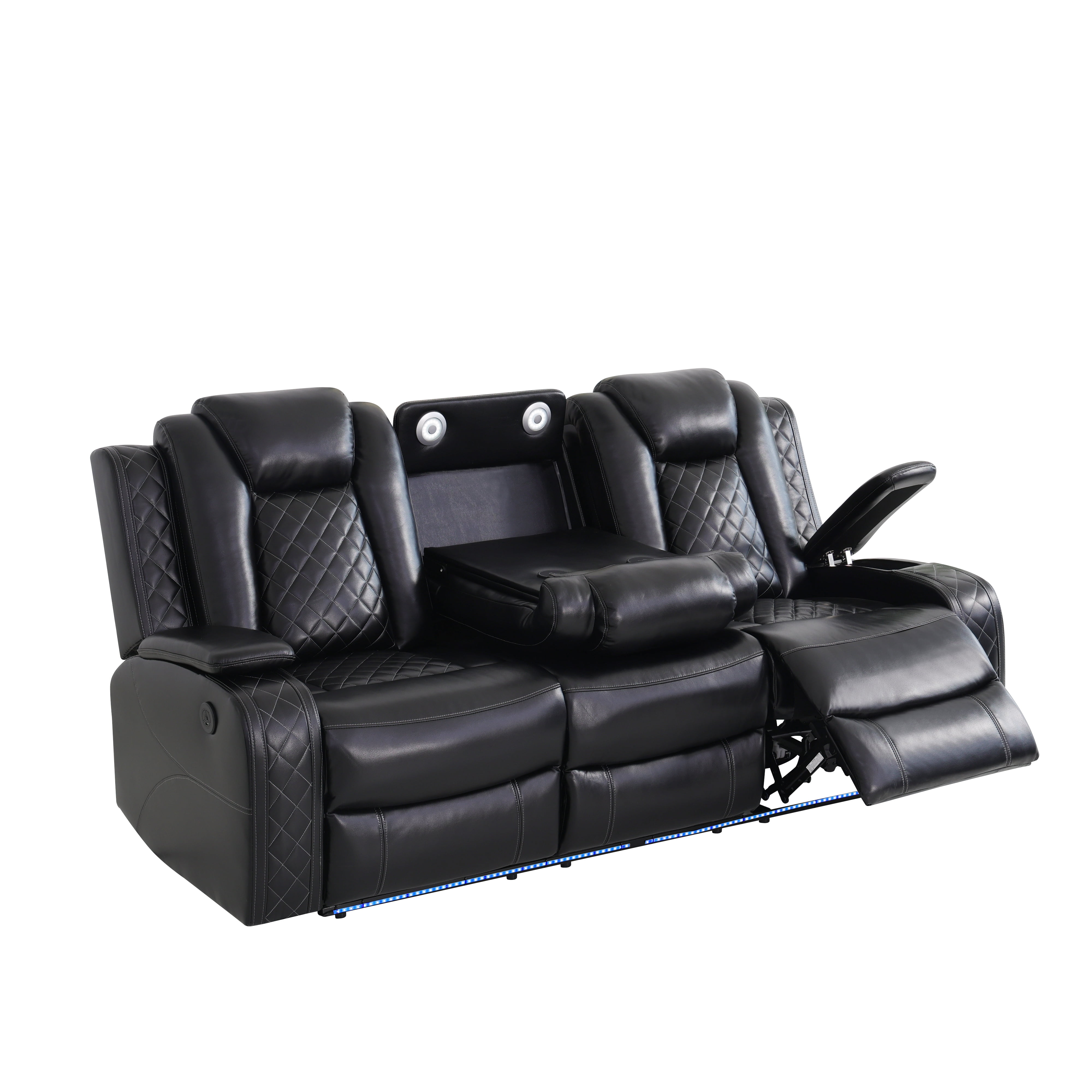 Gewnee Power Reclining Multifunctional Sofa with USB & Wireless Charging, Air Leather, Storage Console, Living Room, Black