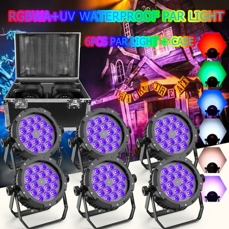 6pcs Waterproof DJ-Par Lights with Case, RGBWA UV 6in1 18 LED Stage Light Disco Light for Party, Club, Bar, Wedding, Halloween Decoration