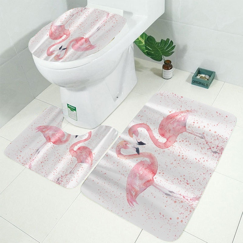 Flamingo Printing Bathroom Shower Curtain Toilet Cover Mat Non-Slip Rug Set 