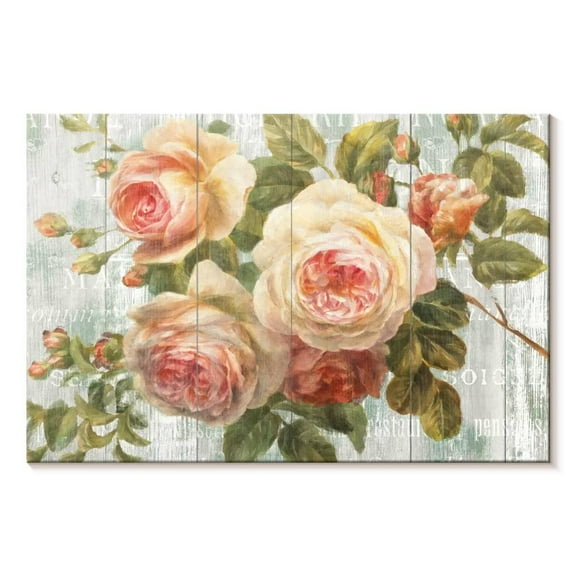 Elephant Stock Vintage Roses On Driftwood Wall Art - Horizontal Canvas Wall Art - Living Room Wall Decor - Floral And Botanical Canvas - Green And Gray Decor By Danhui Nai - 12" x 8"