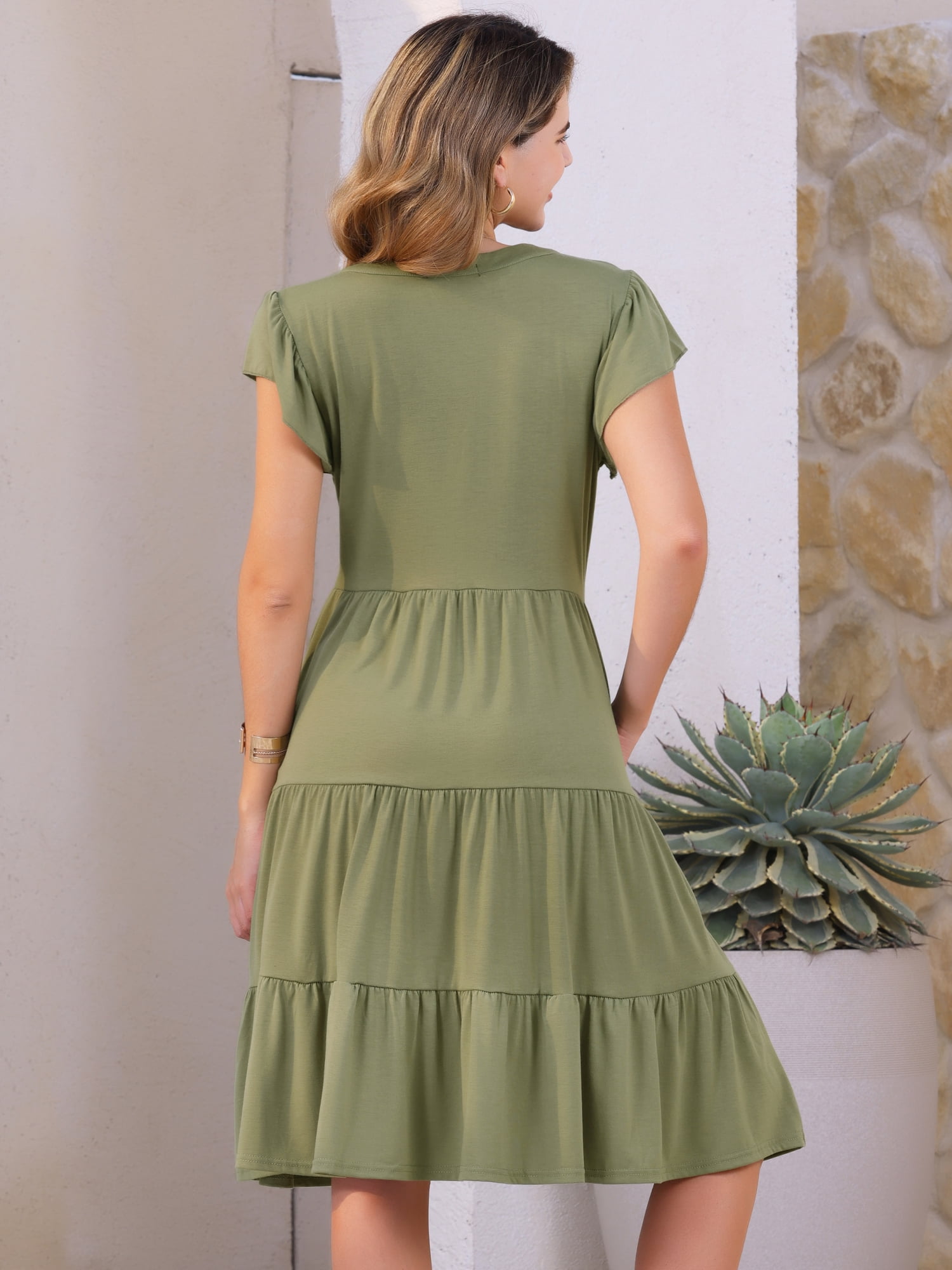 DARING DIVA V Neck Midi Sundress Flowy Tiered Beach Dress S Army Green