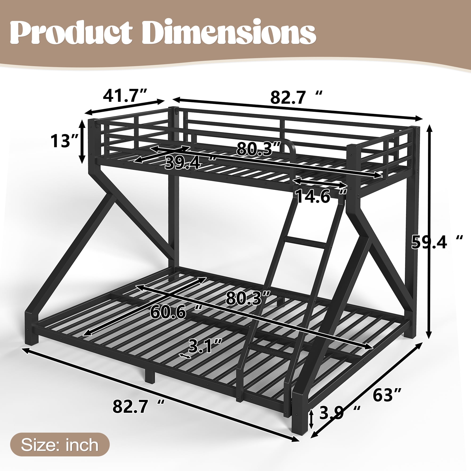 Mintazer Twin XL over Queen Bunk Bed with Side Ladder & Guardrail, Metal Bunk Bed for Bedroom Guest Room, Black