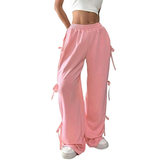 EDFBUYKRS Female Women Pants Casual Pants for Women Dressy Women's Bow Wide Leg Sweatpants Elastic Waist Sweat Baggy Pants with Pocket L