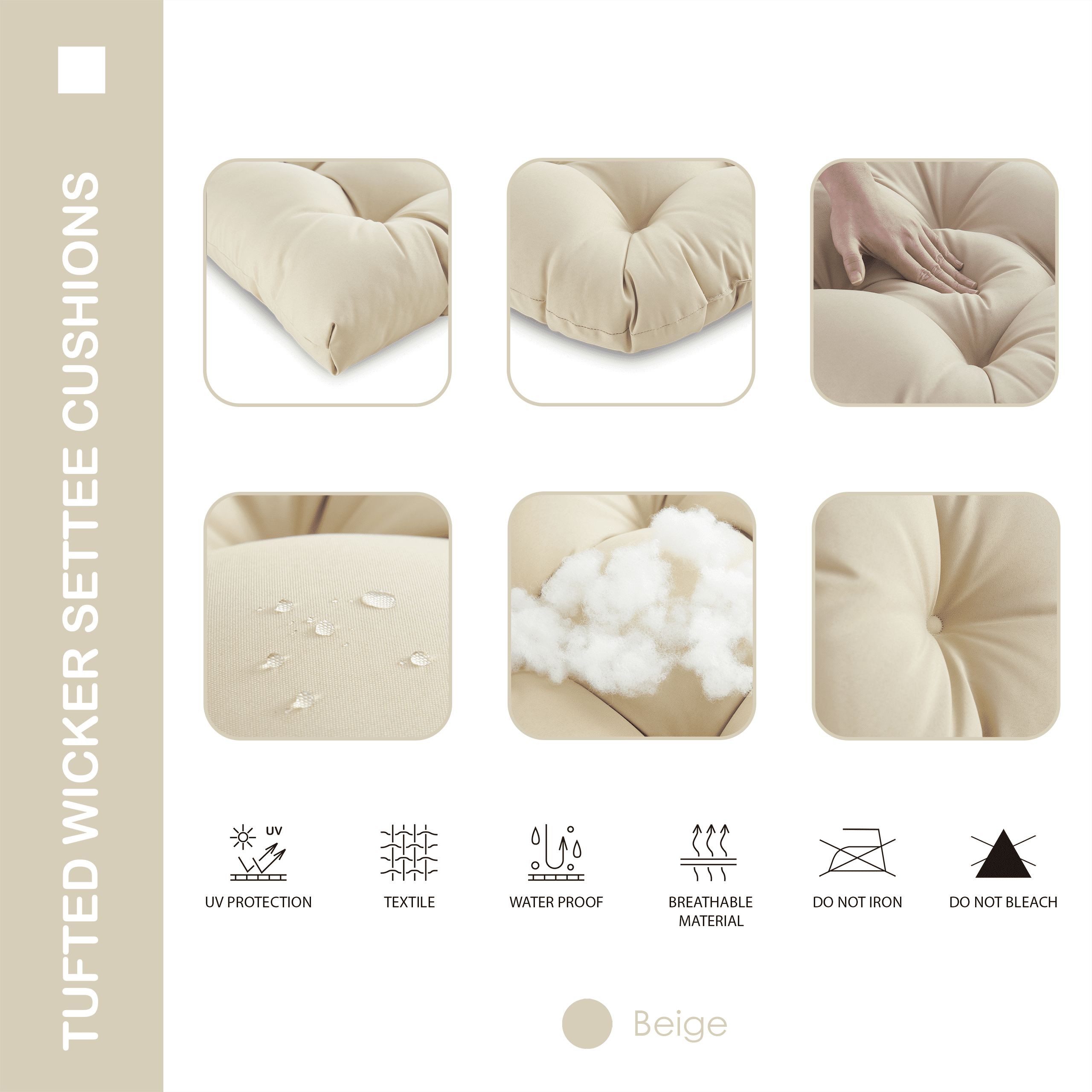 YOOZEKU Outdoor Tufted Wicker Chair Cushions of 3 Pieces, 1 Loveseat and 2 U-Shape All Weather Waterproof Patio Seat Cushions for Wicker Furniture,Bench, Beige
