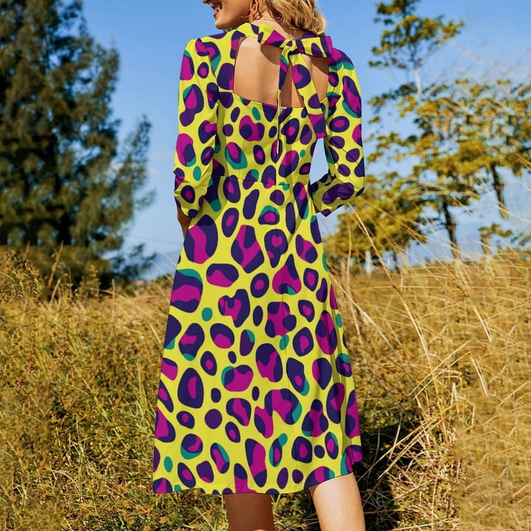 Leopard Neon Flare Dress Square Neck Dress Elegant Female Fashion Printed  Dress - Walmart.com