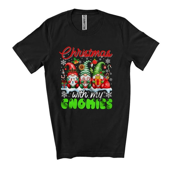 Christmas With My Gnomies; Amazing X-mas Lights Three Gnomes; Snowing Family Group Unisex T-Shirt