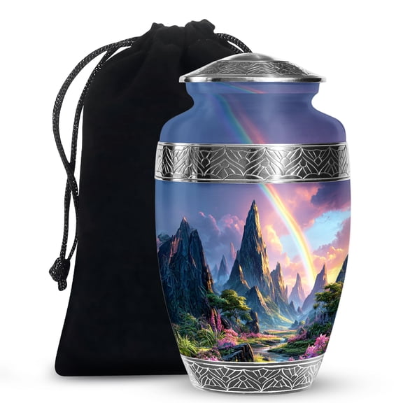 MUKTIVE Mountains Handcrafted Burial Urn for Ashes Adult Female, Pink Flower Urns for Adult Ashes Men Funeral, Decorative Rainbow Large Urn for Women, Grey Cremation Urns for Female, 10 Inch
