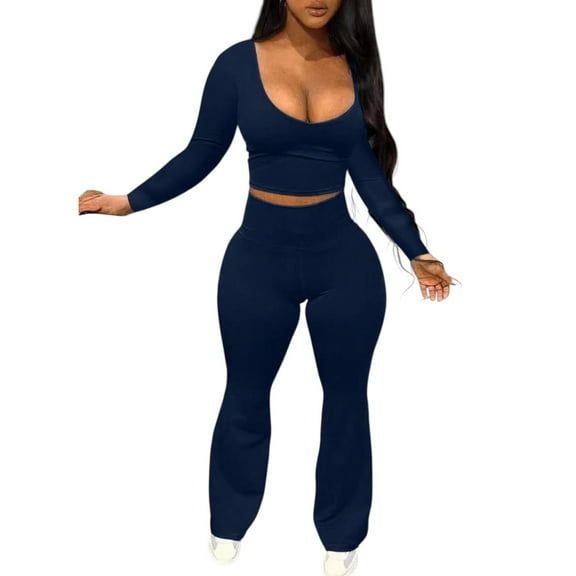 Women's 2 Piece Outfit Set - Solid Color Long Sleeve Crew Neck Top and Skinny Pants Casual and Sexy Matching Set