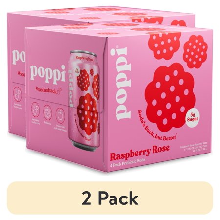 (2 pack) poppi Raspberry Rose Prebiotic Soda, 12 fl oz, 4 Pack Cans