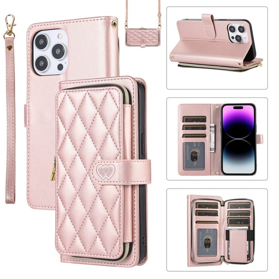 Allytechgroup for iPhone 14 Pro Max Wallet Case, Premium PU Leather Magnetic Buckle Zipper Pocket Card Slots Flip Stand Protective Cover with Hand Strap & Shoulder Strap - Rosegold