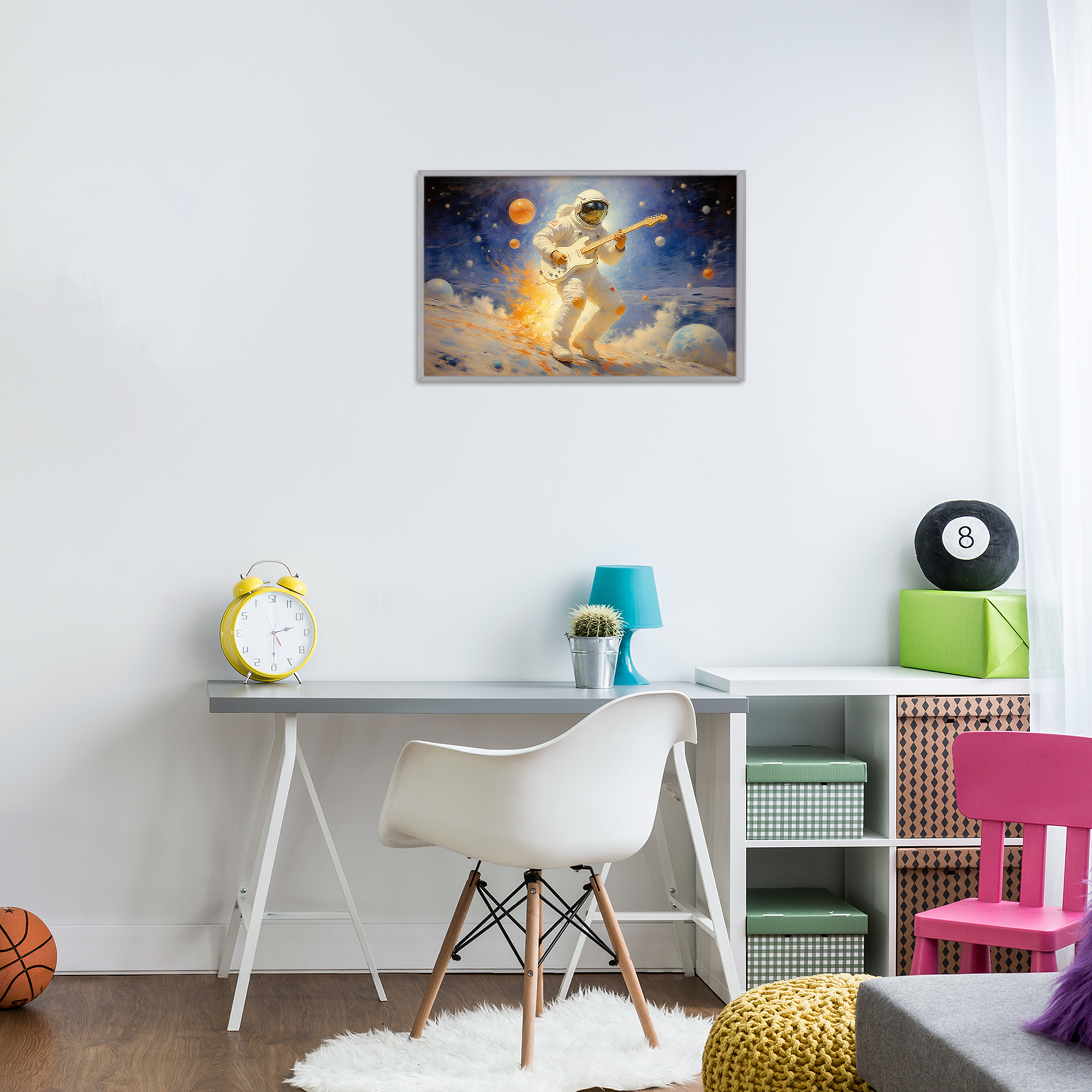 Space Astronaut Musician Gray Framed Giclee Art, design by Angie Hawke