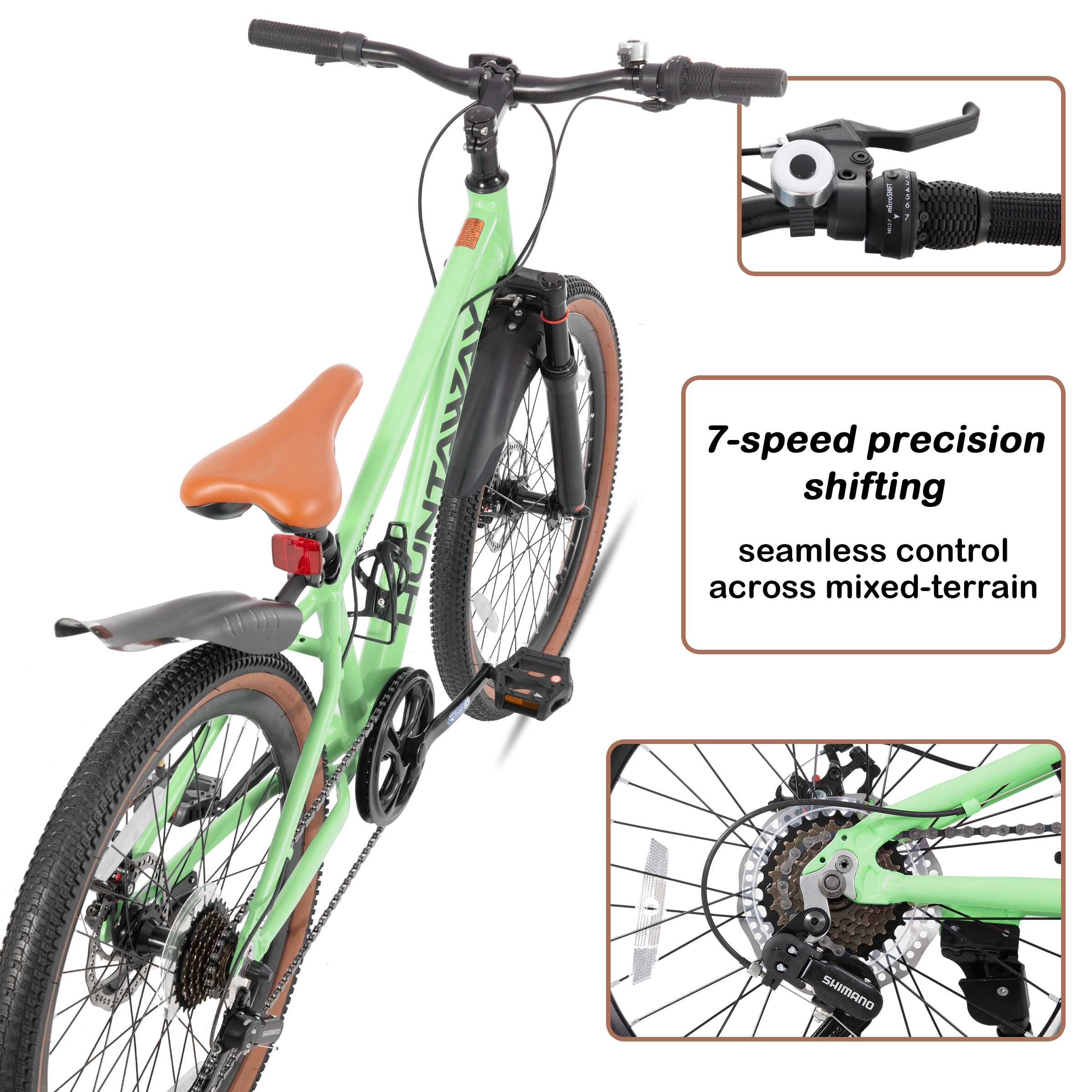 KEANO Huntaway 24 Inch Kids Mountain Bike for Boys Girls Ages 8-12, 7-Speed Kid Bicycle with Lightweight Alloy Frame, Dual Disc Brakes, Green