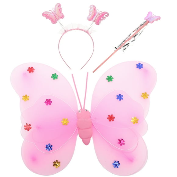 3 PCS Girls Fairy Princess Prest Set Butterfly Wings Double Capa Diadema y Varita de hadas para niños (rosa)