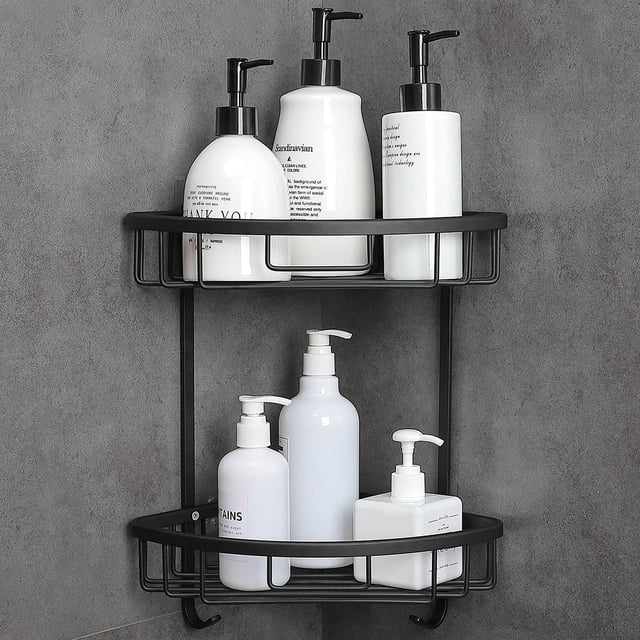 Estante de ducha sin taladrar, autoadhesivo, esquinero de ducha, accesorios de baño, 2 niveles, negro
