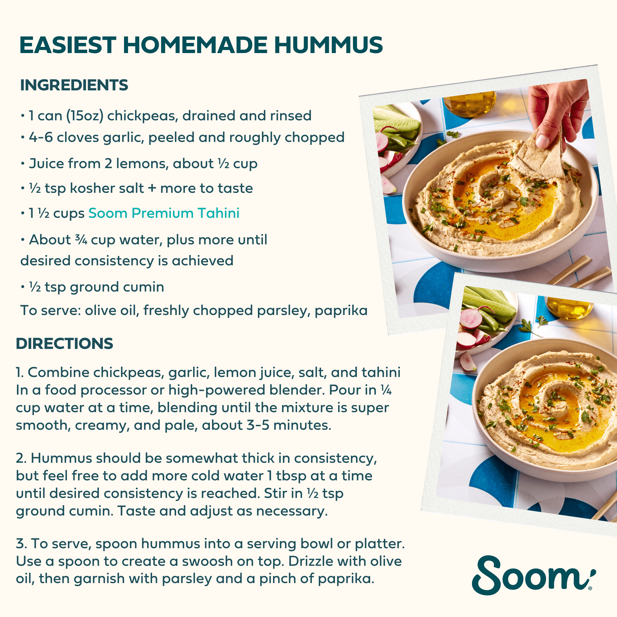 Soom Foods Premium Tahini, Creamy Sesame Seed Paste Spread for Hummus, Nut-Free, 11oz Jar