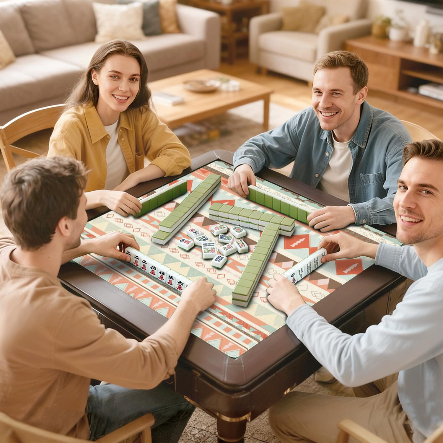 Boho Pattern Large Rubber Game Table Topper 31.5 Inch Square Mahjong Mat with Non-Skid Bottom for Stability and Noise Reduction for Tiles and Cards