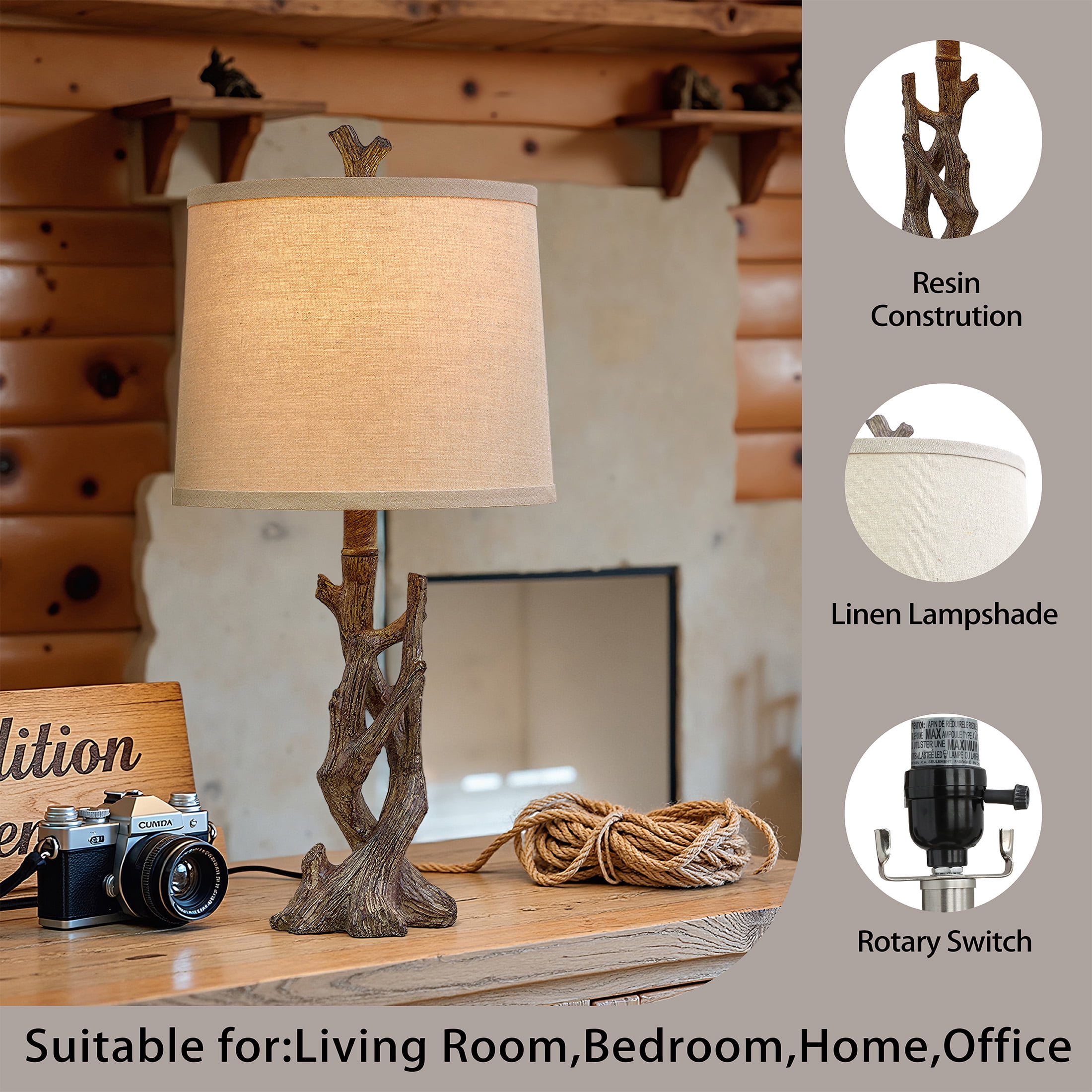 Yokila 23" Wood Grain Rustic Table Lamp Set of 2 for Living Room Bedroom Farmhouse Tree Trunk Bedside Nightstand Lamps with Lamp Shade