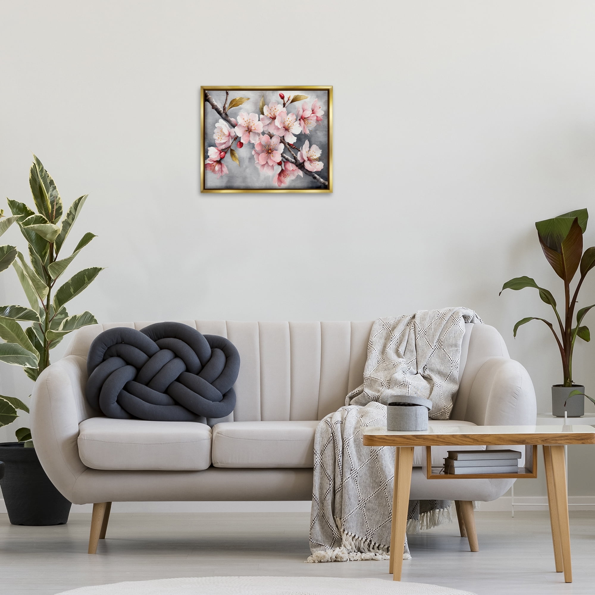 Stupell Industries Blossoms On Grey Botanical & Floral Painting Gold Floater Framed Art Print Wall Art, 21 x 17